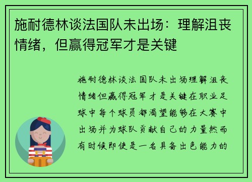 施耐德林谈法国队未出场：理解沮丧情绪，但赢得冠军才是关键