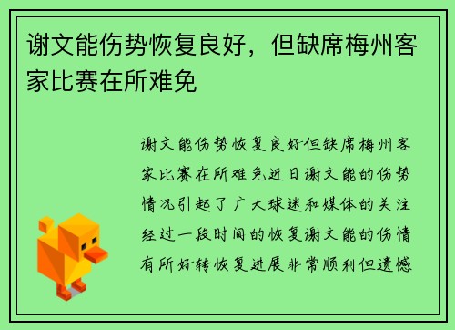 谢文能伤势恢复良好，但缺席梅州客家比赛在所难免