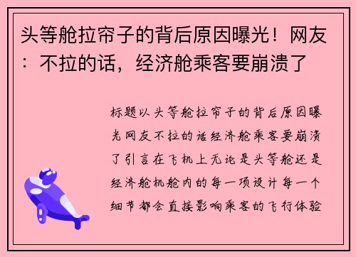 头等舱拉帘子的背后原因曝光！网友：不拉的话，经济舱乘客要崩溃了