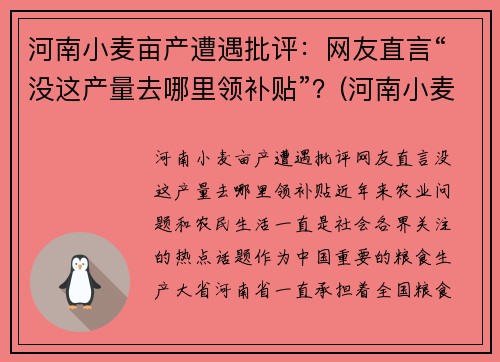 河南小麦亩产遭遇批评：网友直言“没这产量去哪里领补贴”？(河南小麦亩产记录)