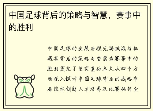中国足球背后的策略与智慧，赛事中的胜利