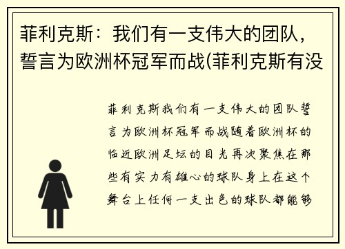 菲利克斯：我们有一支伟大的团队，誓言为欧洲杯冠军而战(菲利克斯有没有参加欧洲杯)