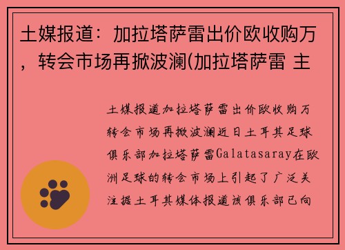 土媒报道：加拉塔萨雷出价欧收购万，转会市场再掀波澜(加拉塔萨雷 主场)