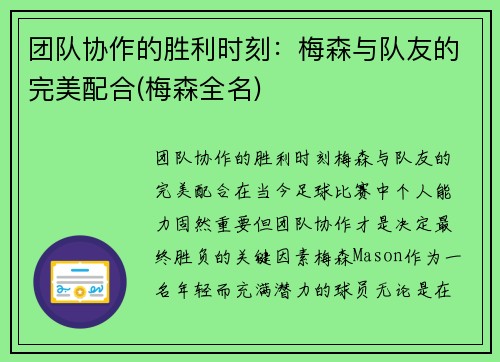 团队协作的胜利时刻：梅森与队友的完美配合(梅森全名)